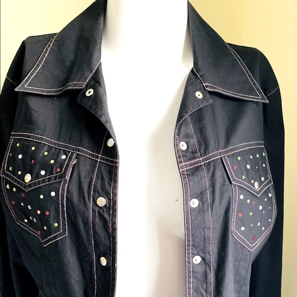 Black Cotton Collared Short Blazer Jacket colorful Jeweled beadings Rhinestones - Picture 2 of 16